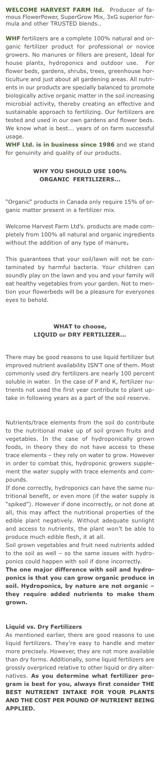  WELCOME HARVEST FARM ltd.  Producer of famous FlowerPower, Sup